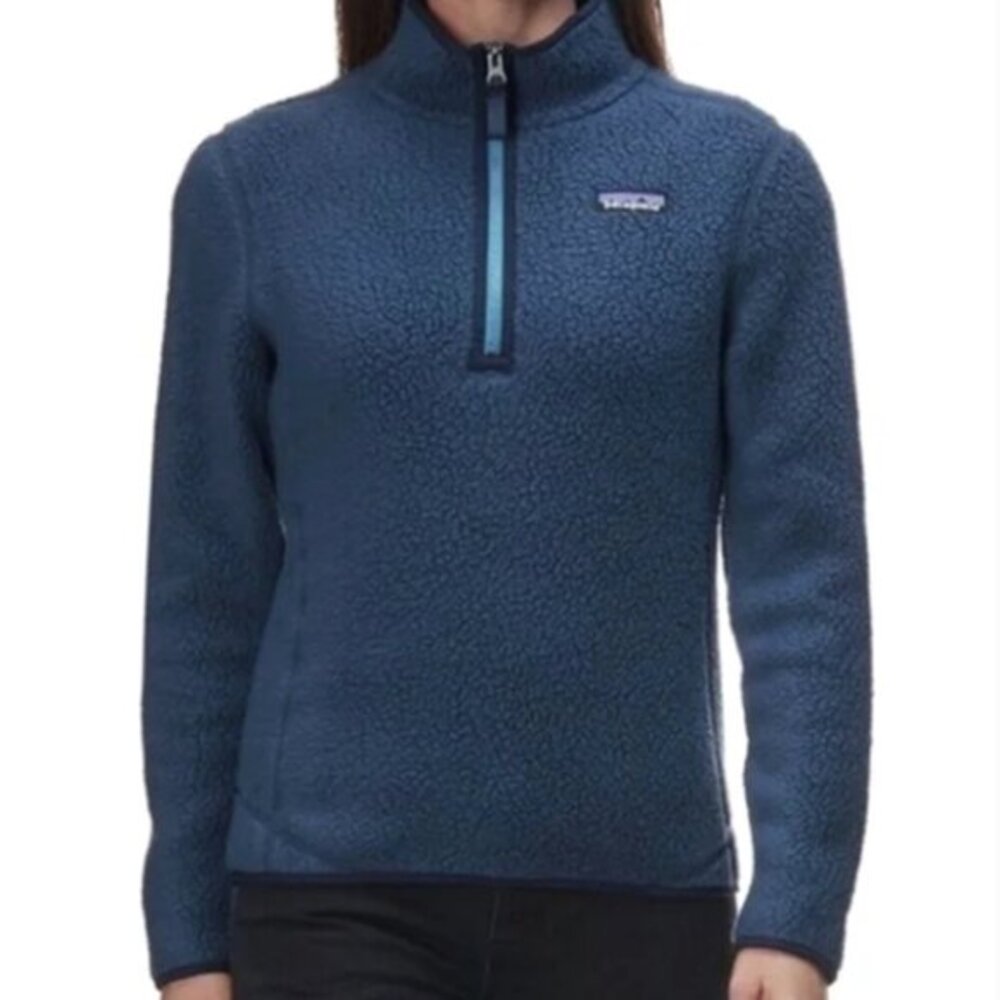 Patagonia Women's Retro Pile 1/4-Zip Pullover Sherpa Sweater in Blue Size XL